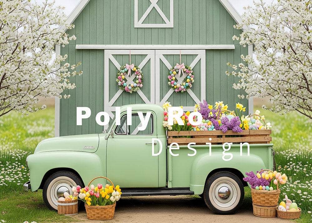 Avezano Easter Green Truck Floral Photography Backdrop Designed By Polly Ro Design