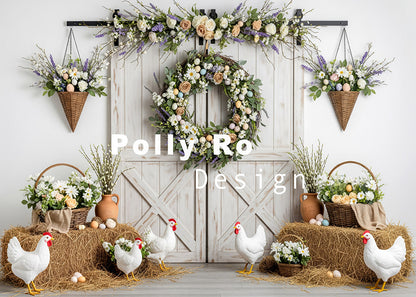 Avezano Easter Floral Wreath Chicken Barn Door  Photography Backdrop Designed By Polly Ro Design