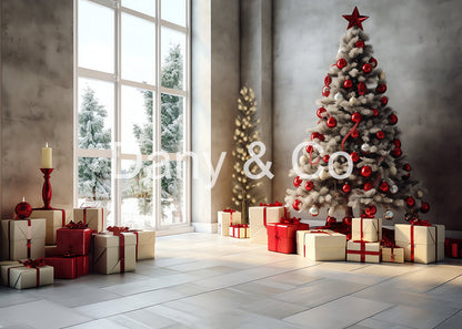 Avezano Modern Red White Christmas Tree Gift Backdrop Designed By Danyelle Pinnington