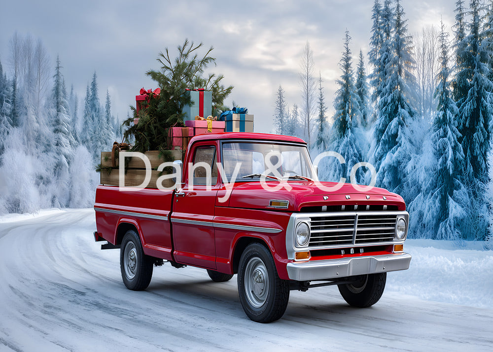Avezano Red Truck Christmas Tree Snowy Road Backdrop Designed By Danyelle Pinnington