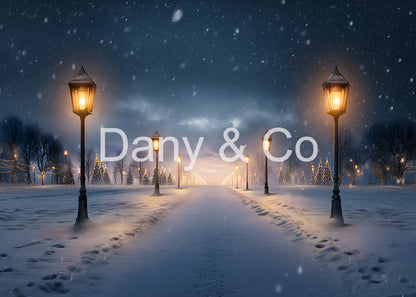 Avezano Snowy Night Street Lamp Christmas Tree Path Backdrop Designed By Danyelle Pinnington
