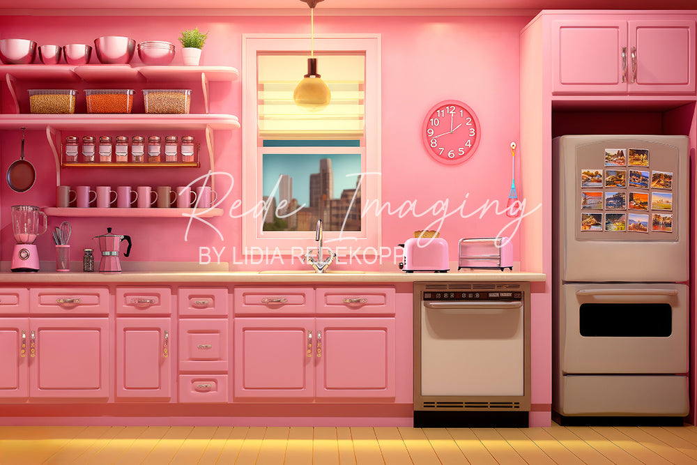 Avezano All Pink Retro Kitchen Photography Backdrop Designed By Lidia Redekopp