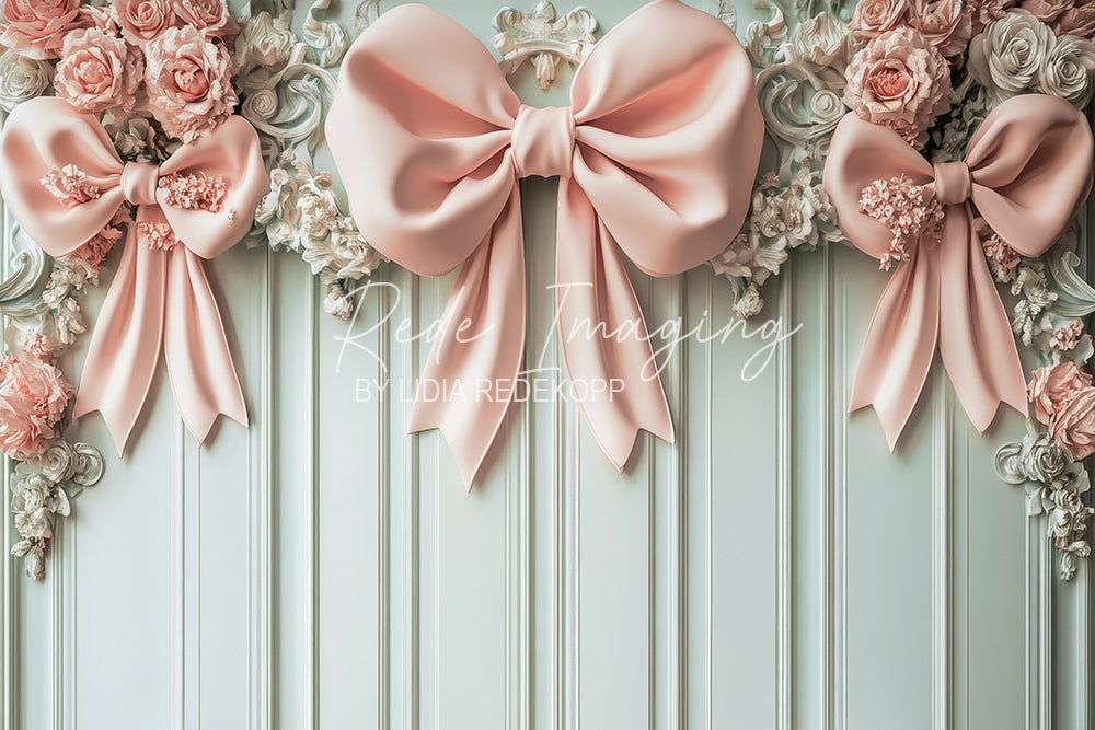 Avezano Light Green Panel Pink Bow Ornate Photography Backdrop Designed By Lidia Redekopp