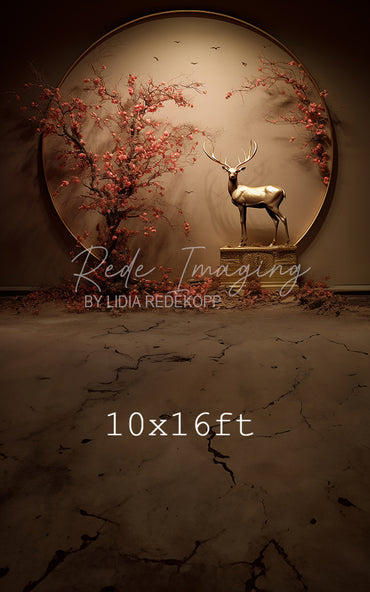 Avezano Gilded Deer Cherry Blossom Circular Frame Photography Backdrop Designed By Lidia Redekopp
