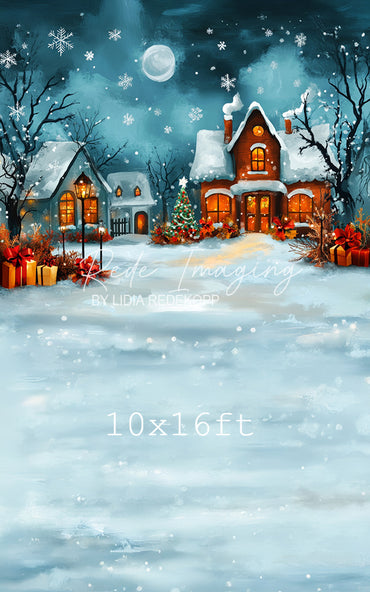 Avezano Snowy Christmas Cottage Moonlit Night Photography Backdrop Designed By Lidia Redekopp