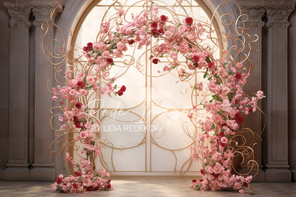 Avezano Gold Curved Arch Pink Rose Wedding Photography Backdrop Designed By Lidia Redekopp