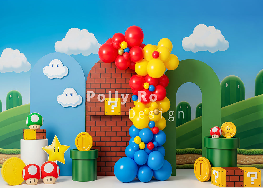 Avezano Super Mario Brick Block Mushroom Balloon Backdrop Designed By