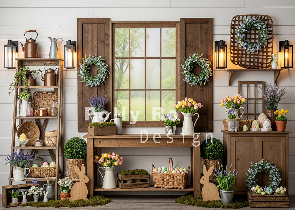 Avezano Rustic Window Easter Bunny Tulip Wreath Photography Backdrop D