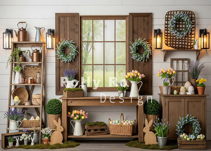 Avezano Rustic Window Easter Bunny Tulip Wreath Photography Backdrop Designed By Polly Ro Design