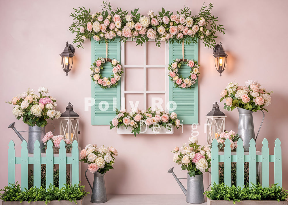 Avezano Pink Wall Mint Shutter Floral Lantern Photography Backdrop Designed By Polly Ro Design