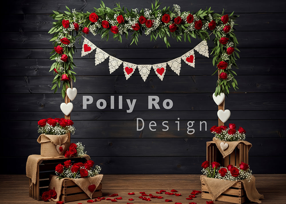 Avezano Red Rose Arch Lace Heart Rustic Wood Photography Backdrop Designed By Polly Ro Design
