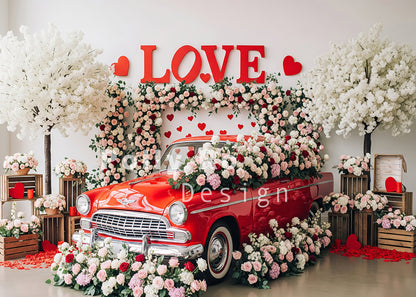 Avezano Red Vintage Car LOVE Floral Photography Backdrop Designed By Polly Ro Design
