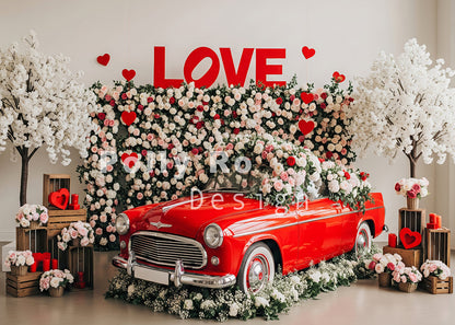 Avezano Red Car LOVE Floral White Tree Photography Backdrop Designed By Polly Ro Design