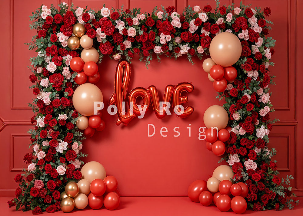 Avezano Red Wall LOVE Balloon Floral Frame Photography Backdrop Designed By Polly Ro Design