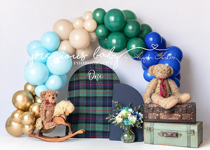 Avezano Plaid Arch "One" Balloon Teddy Bear Gift Photography Backdrop Designed By Angela Forker