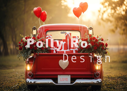 Avezano Valentine's Day Red Truck Heart Rose Gift Photography Backdrop Designed By Polly Ro Design
