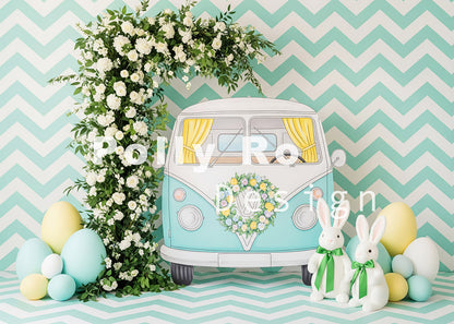 Avezano Mint Chevron Backdrop Vintage Van Easter Bunny Floral Theme Photography Backdrop Designed By Polly Ro Design