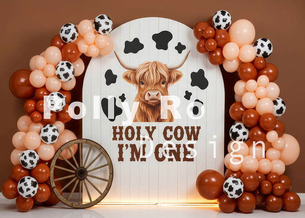 Avezano Highland Cow and Cow Print Balloon Arch Photography Backdrop Designed By Polly Ro Design