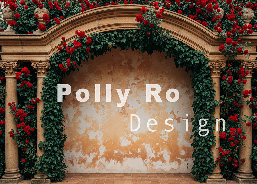 Avezano Red Rose and Rustic Archway Photography Backdrop Designed By Polly Ro Design
