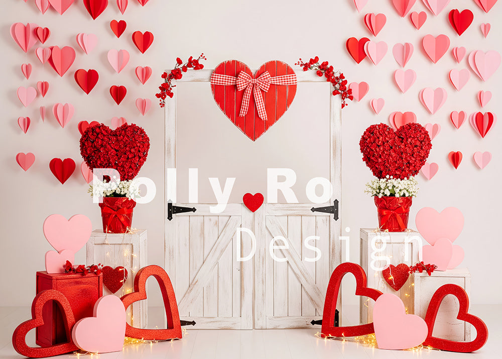 Avezano Red and Pink Heart Wooden Door Photography Backdrop Designed By Polly Ro Design