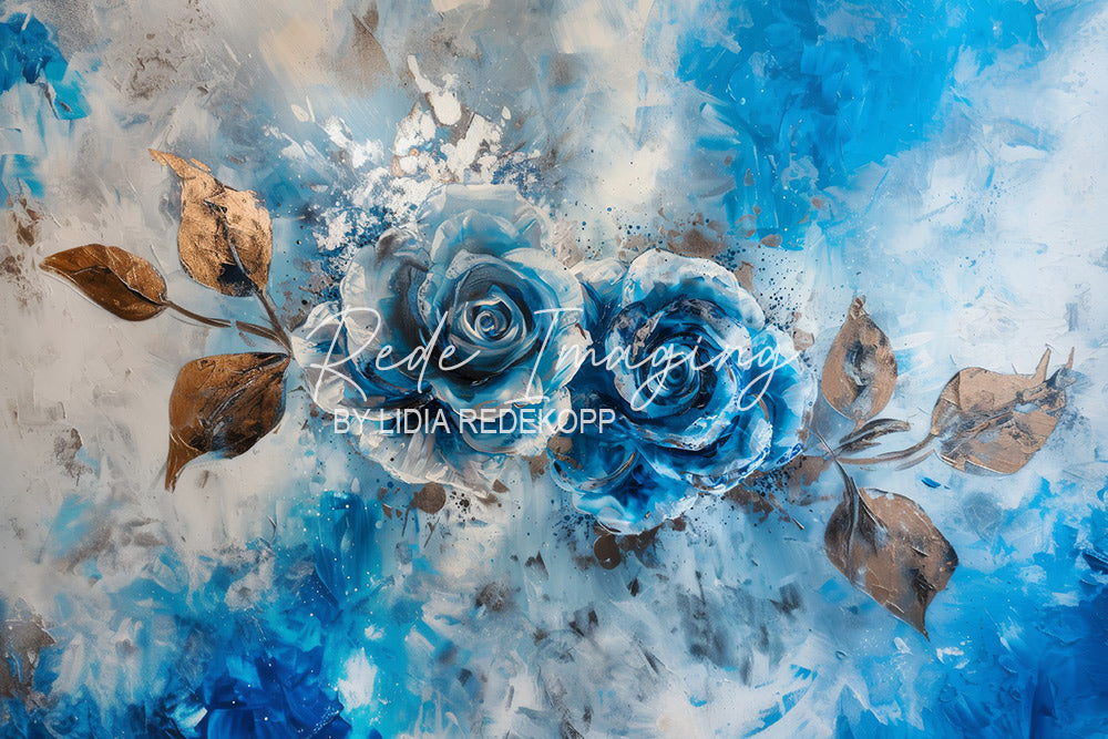 Avezano Blue Rose and Gold Leaf Abstract Painting Photography Backdrop Designed By Lidia Redekopp