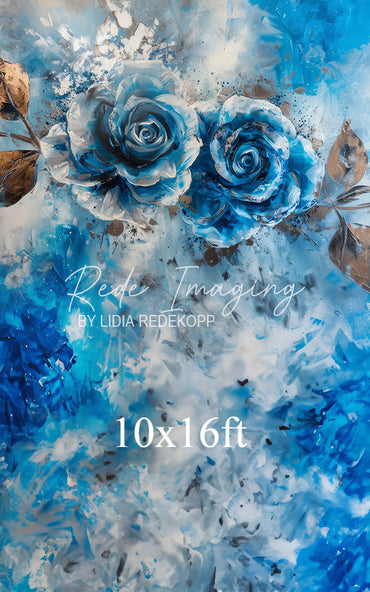 Avezano Blue Rose and Gold Leaf Abstract Painting Photography Backdrop Designed By Lidia Redekopp