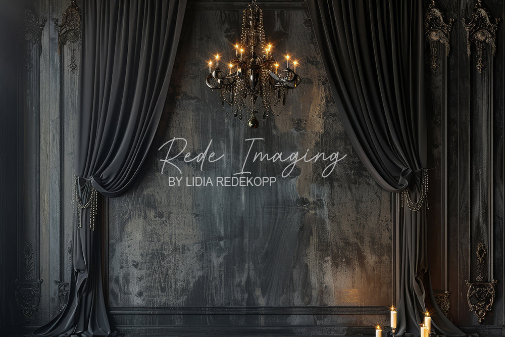 Avezano Dark Vintage Chandelier and Curtain Photography Backdrop Designed By Lidia Redekopp