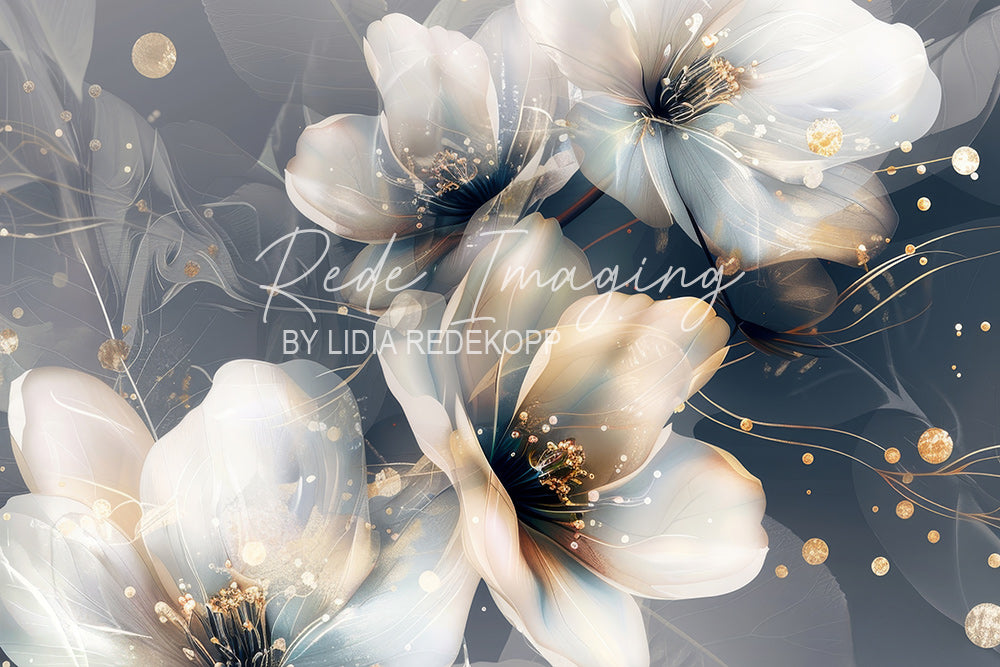Avezano Pale Blue and Gold Floral Glitter Photography Backdrop Designed By Lidia Redekopp