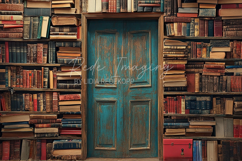 Avezano Vintage Book Wall and Turquoise Door Photography Backdrop Designed By Lidia Redekopp