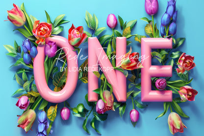 Avezano Pink 'ONE' Letter With Tulip Floral Photography Backdrop Designed By Lidia Redekopp