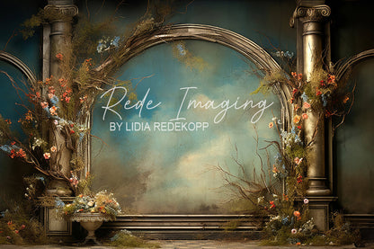 Avezano Vintage Arch and Floral Column Photography Backdrop Designed By Lidia Redekopp