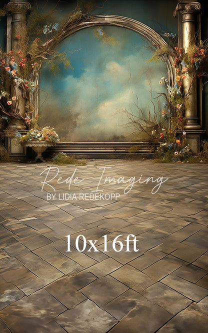 Avezano Vintage Arch and Floral Column Photography Backdrop Designed By Lidia Redekopp