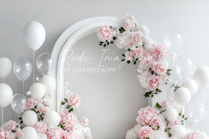 Avezano Pink Peony and White Balloon Arch Photography Backdrop Designed By Lidia Redekopp