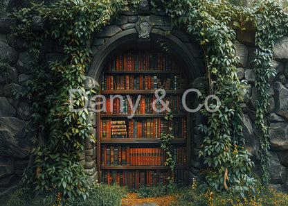Avezano Ivy-Covered Stone Arch Bookcase Backdrop Designed By Danyelle Pinnington