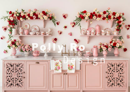 Avezano  Pink Rose Heart Kitchen Photography Backdrop Designed By Polly Ro Design