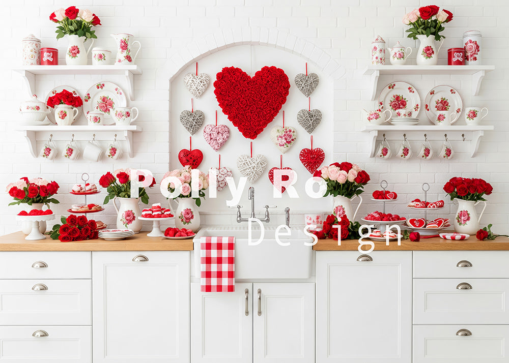 Toile de fond pour photographie de baiser de roses et de ballons de la Saint-Valentin d'Avezano conçue par Polly Ro Design