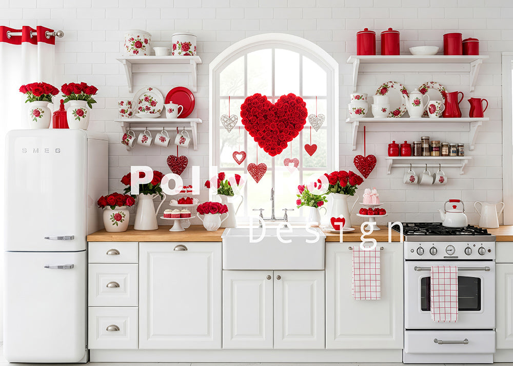 Toile de fond pour photographie de baiser de roses et de ballons de la Saint-Valentin d'Avezano conçue par Polly Ro Design
