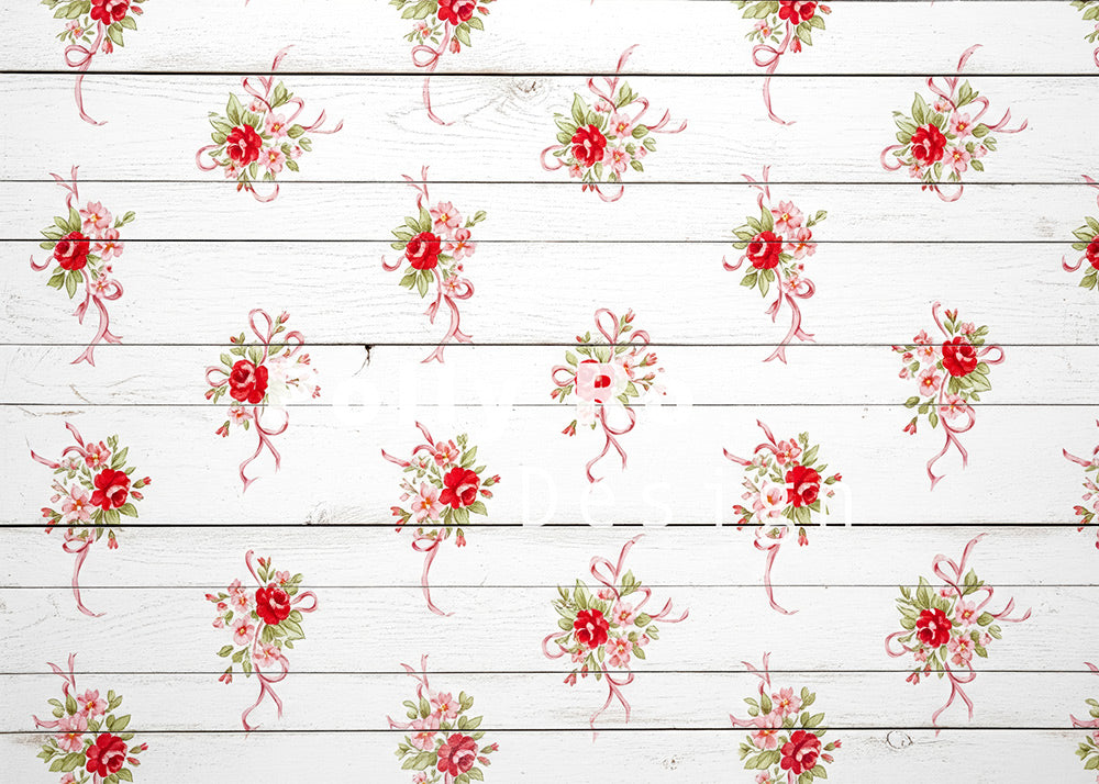 Avezano Red and White Floral White Wood Plank Photography Backdrop Designed By Polly Ro Design