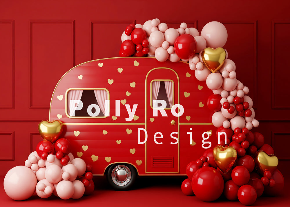 Toile de fond pour photographie de baiser de roses et de ballons de la Saint-Valentin d'Avezano conçue par Polly Ro Design