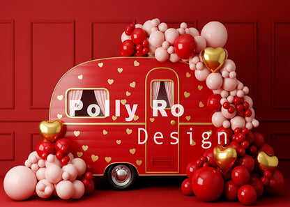 Toile de fond pour photographie de baiser de roses et de ballons de la Saint-Valentin d'Avezano conçue par Polly Ro Design
