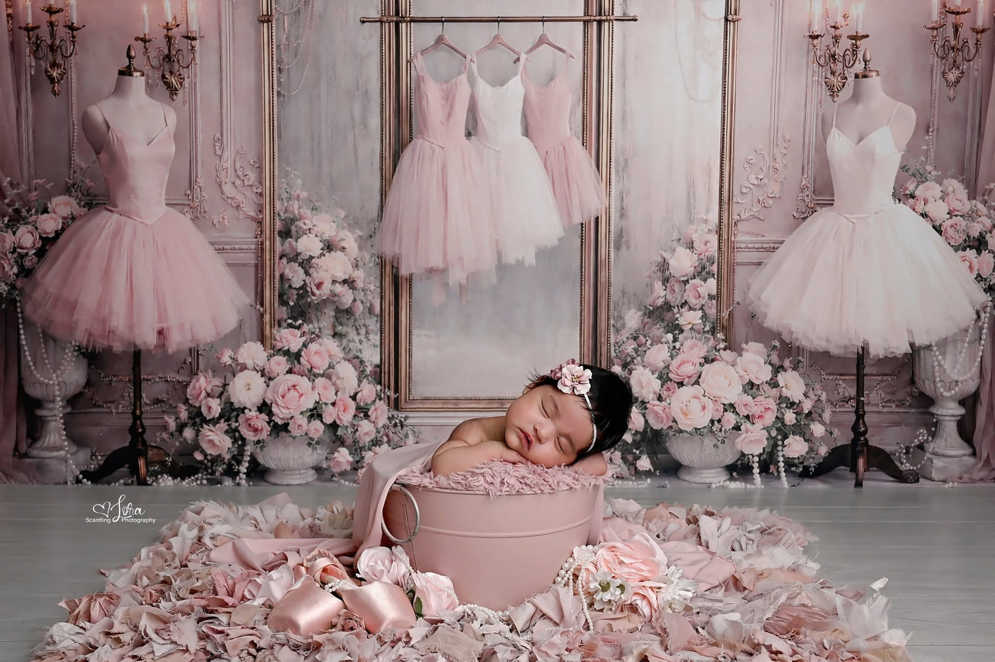 Avezano Pink and Gold Ballerina Dress Floral Backdrop Designed By Enchanted Design Studio
