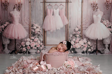 Avezano Pink and Gold Ballerina Dress Floral Backdrop Designed By Enchanted Design Studio