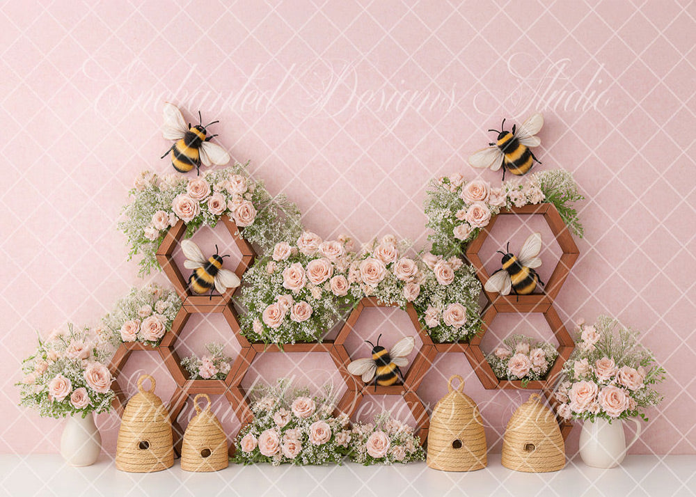 Avezano Pink Honeycomb Bee Floral Backdrop Designed By Enchanted Design Studio