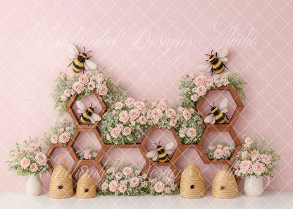 Avezano Pink Honeycomb Bee Floral Backdrop Designed By Enchanted Design Studio