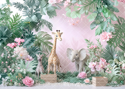 Avezano Pink and Green Jungle Animal Backdrop Designed By Enchanted Design Studio