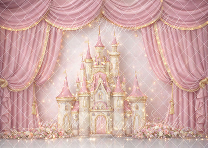 Avezano Pink and Gold Castle Curtain Floral Backdrop Designed By Enchanted Design Studio