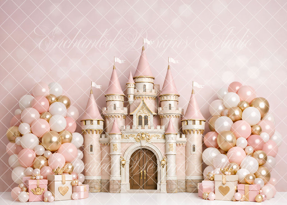 Avezano Pink and Gold Castle Balloon Gift Box Backdrop Designed By Enchanted Design Studio