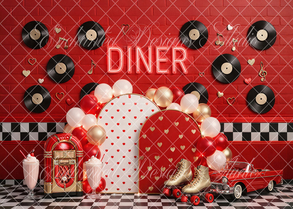 Avezano Red Heart Vintage Diner Backdrop Designed By Enchanted Design Studio