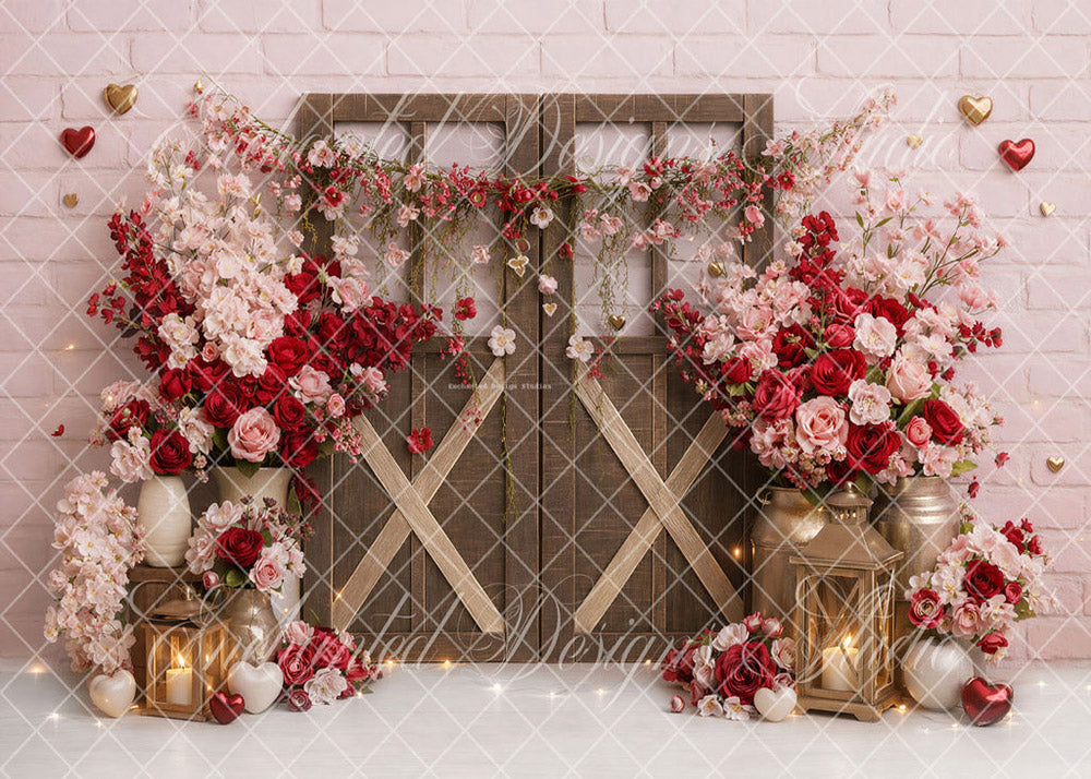 Avezano Pink Red Brick Door Floral Backdrop Designed By Enchanted Design Studio