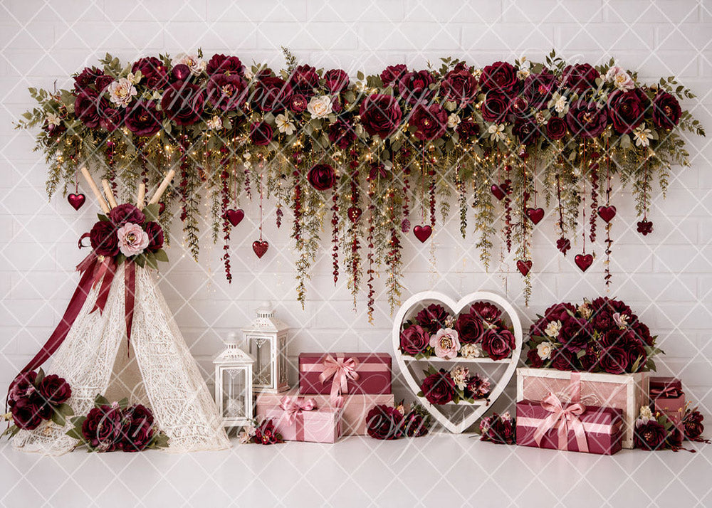 Avezano Burgundy Lace Tent Floral Backdrop Designed By Enchanted Design Studio